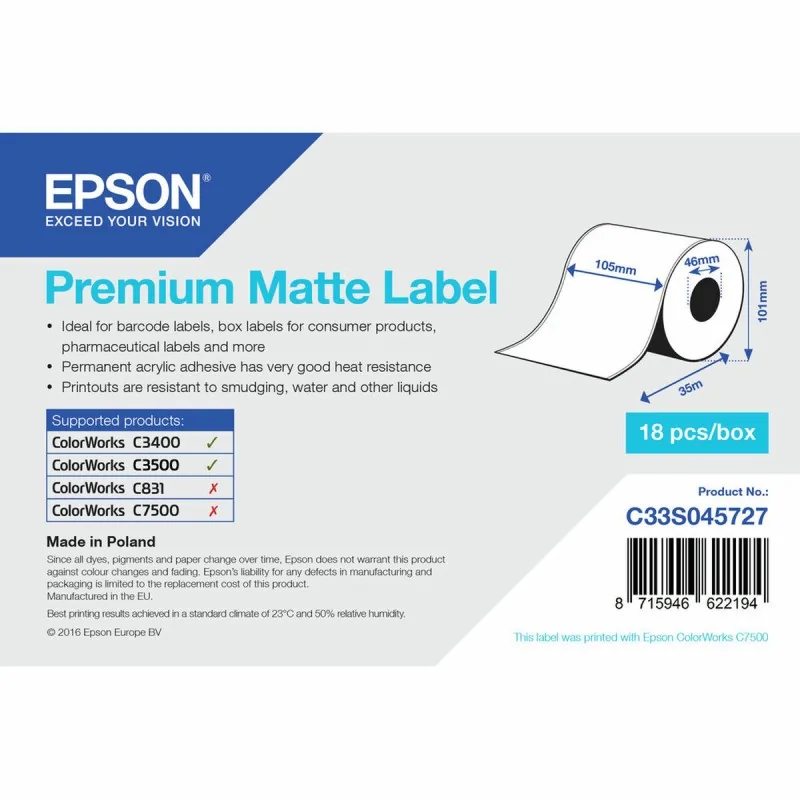 Printer Labels Epson C33S045727 White 46 mm (18 Units)