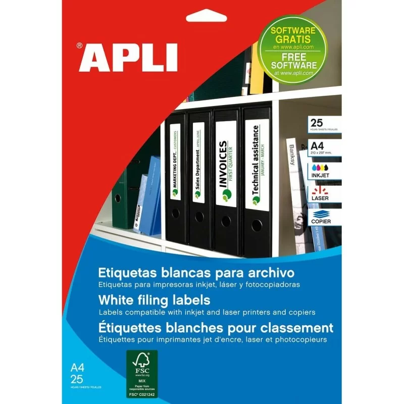 Printer Labels Apli White 25 Sheets 190 x 38 mm