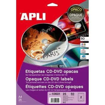 Printer Labels Apli 10601 Circular CD/DVD White 25 Sheets...