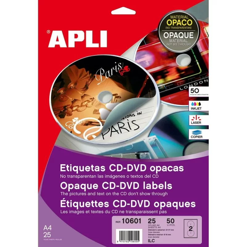 Printer Labels Apli 10601 Circular CD/DVD White 25 Sheets Ø 117 mm