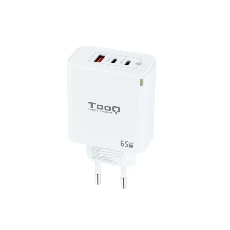 Wall Charger TooQ Cargador de Pared GaN 2USB-C/PD + USB-A/QC 65W, Blanco White 65 W